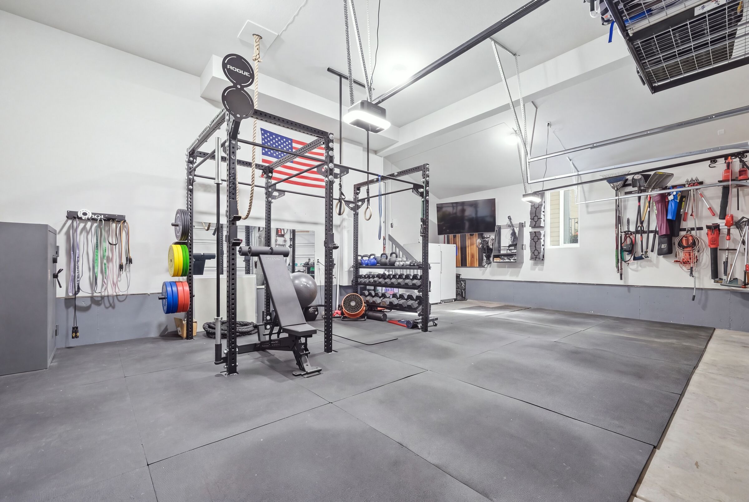 The finished three-car garage